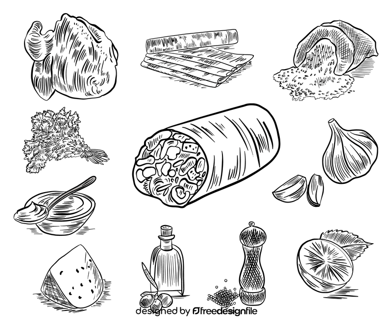 Food burrito set black and white vector