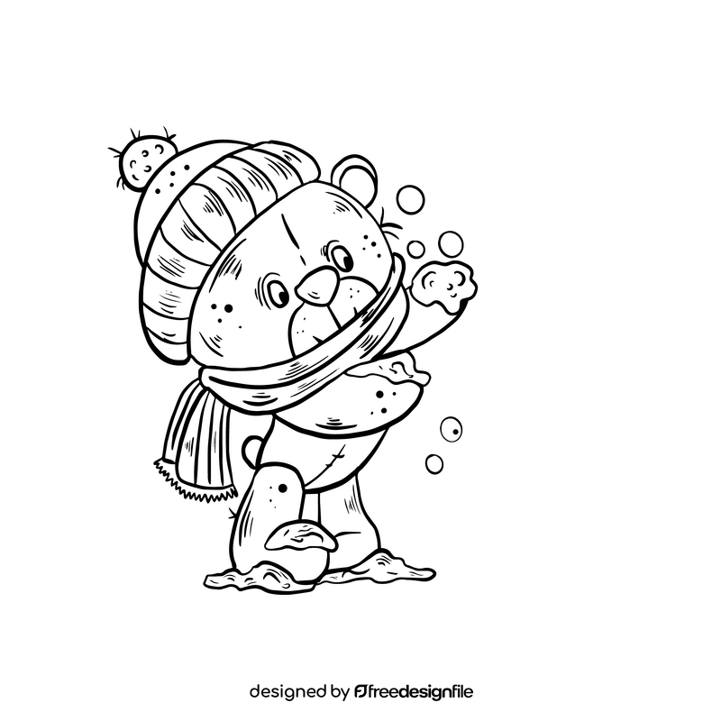 Teddy bear in winter cartoon black and white clipart