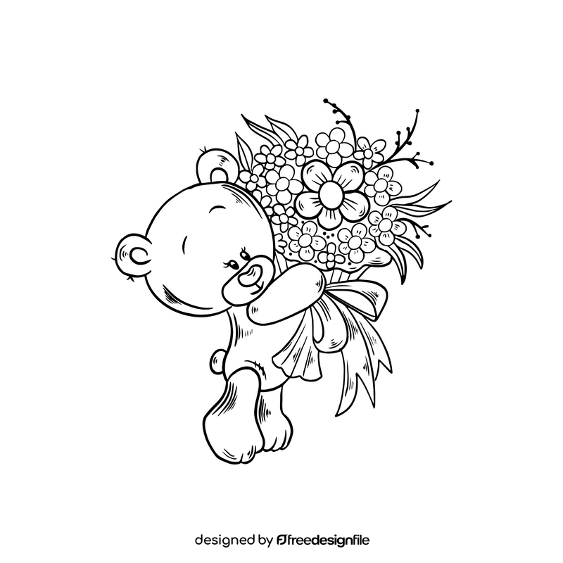 Teddy bear with flowers cartoon black and white clipart