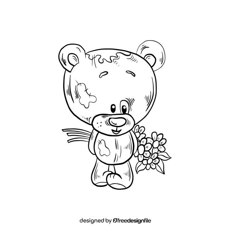 Teddy bear with flowers cartoon black and white clipart