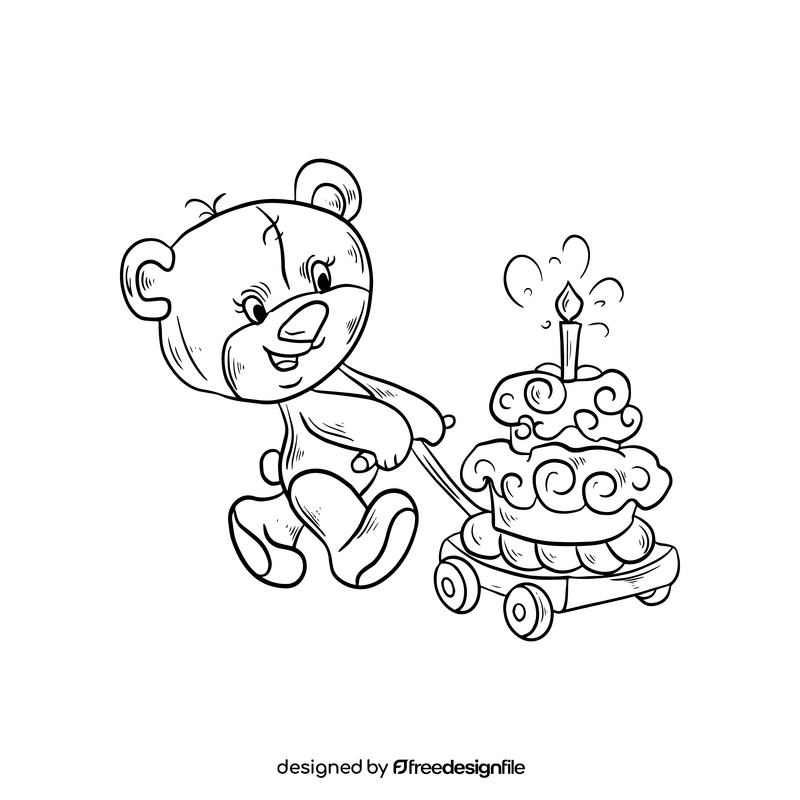 Teddy bear with cake black and white clipart