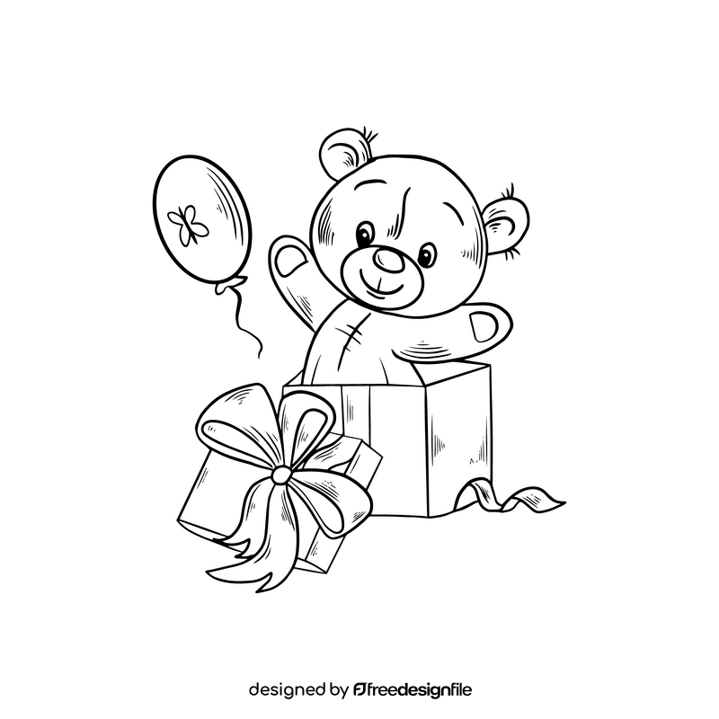 Teddy bear in gift box black and white clipart