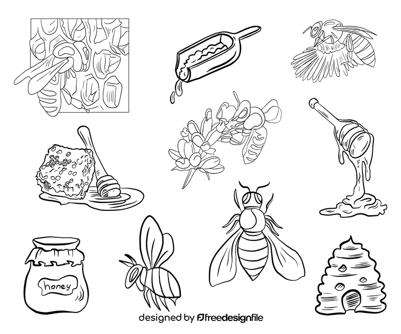 Bees, honey set black and white vector