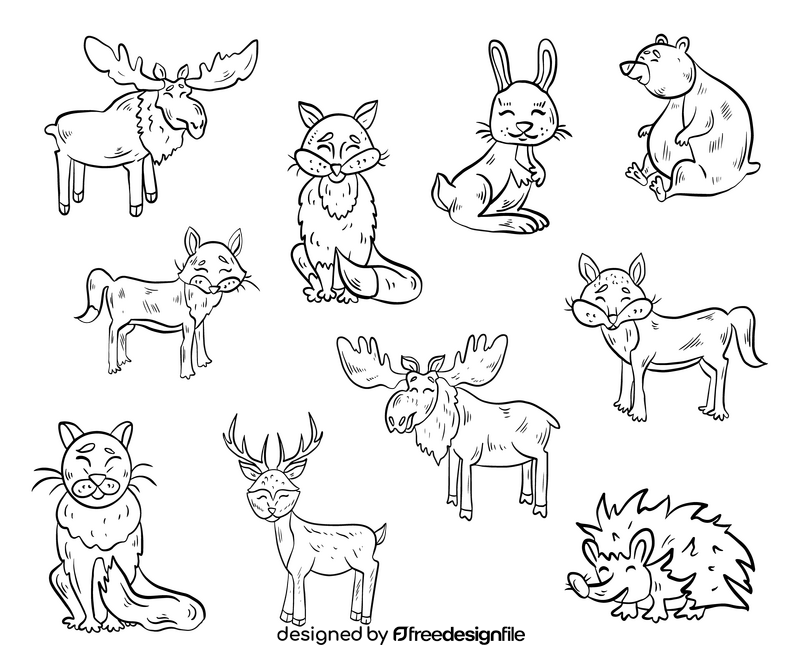 Cartoon forest animals black and white vector free download