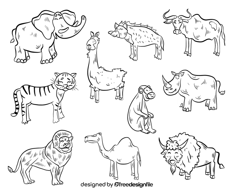 Cartoon African animals black and white vector