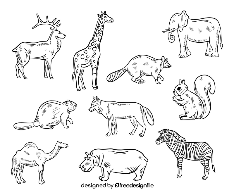 Cartoon animals black and white vector