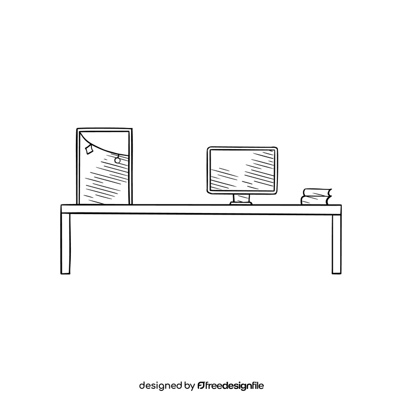 Computer desk with books illustration black and white clipart