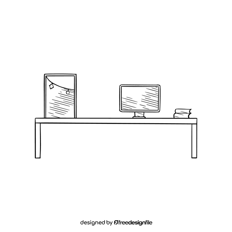 Computer desk with books illustration black and white clipart