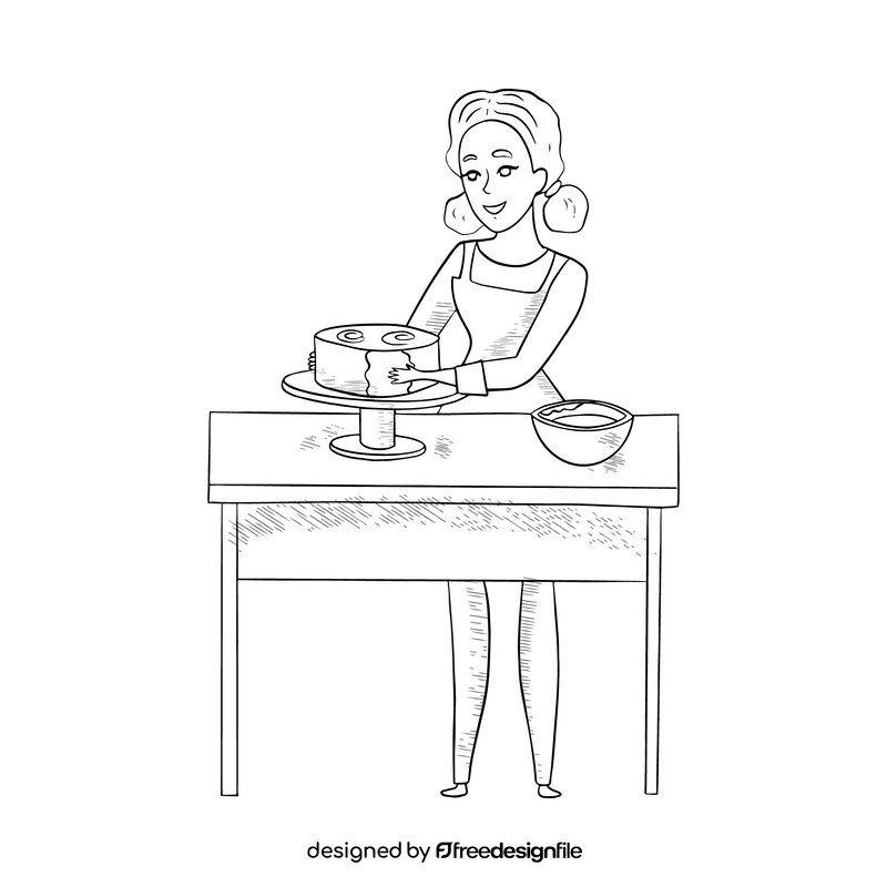 Girl confectioner making cake black and white clipart