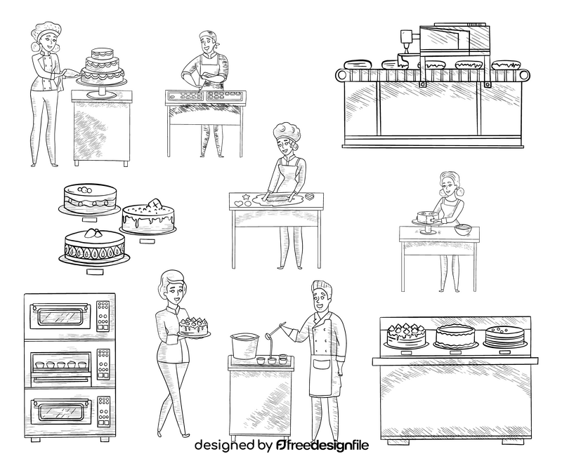 Confectionery factory, cake making black and white vector