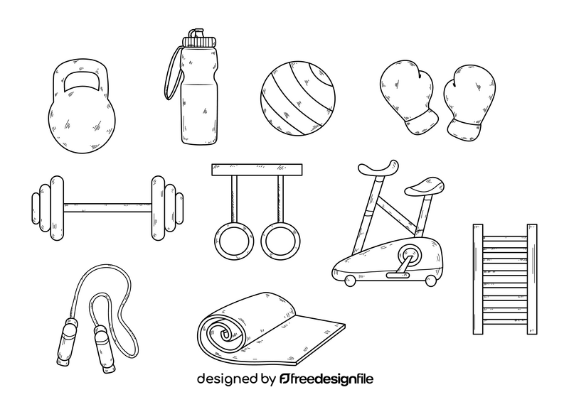 Set of fitness accessories, cartoon drawing of gym equipment for home exercise black and white vector