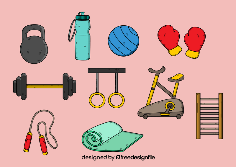 Set of fitness accessories, cartoon drawing of gym equipment for home exercise vector