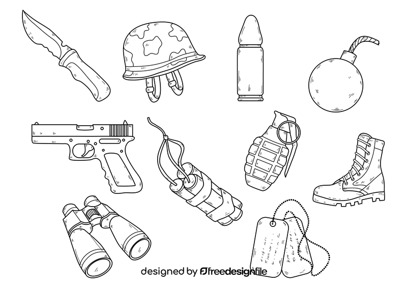 Military objects drawing black and white vector