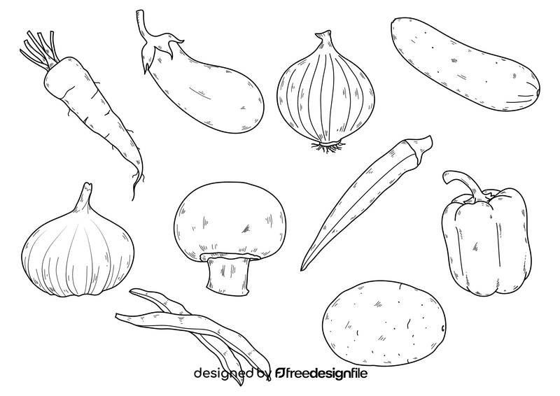 Vegetables drawing set black and white vector