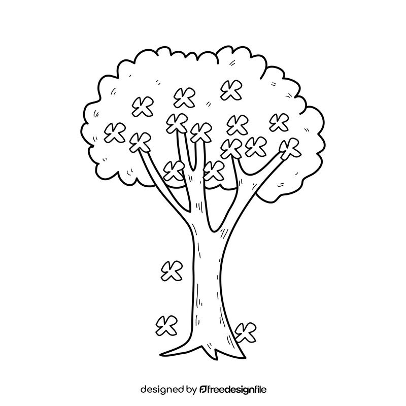 Spring tree with flowers drawing black and white clipart