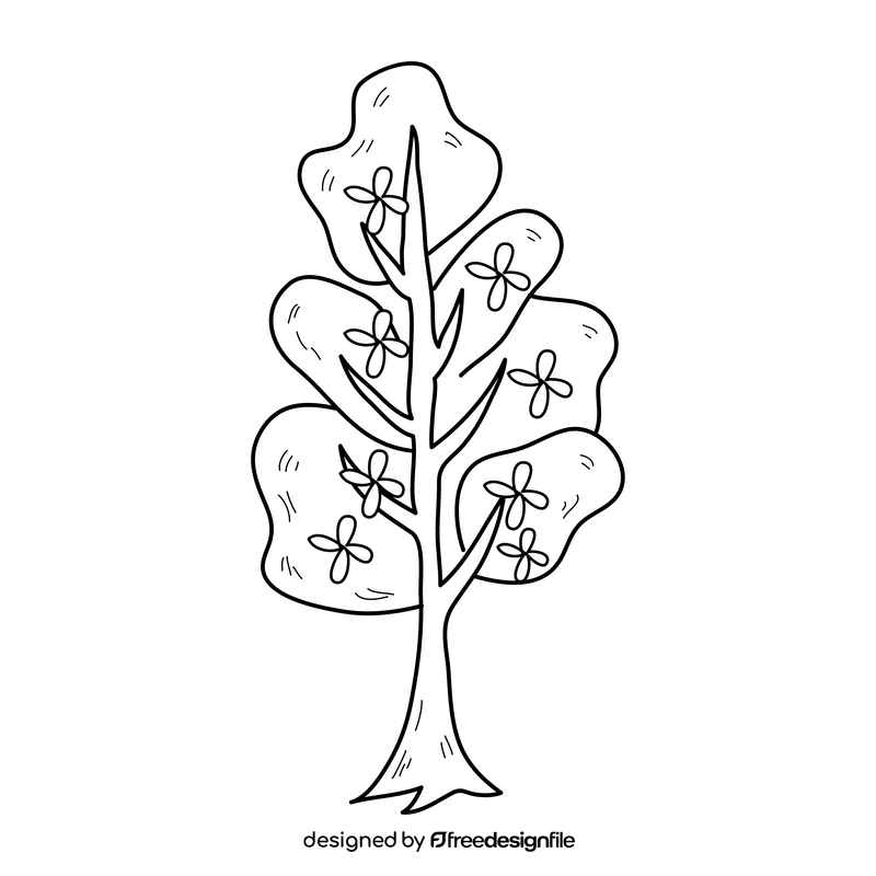 Green tree with flowers drawing black and white clipart