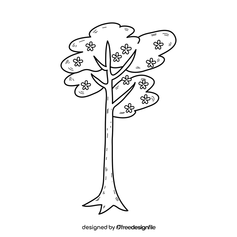 Tree with flowers drawing black and white clipart