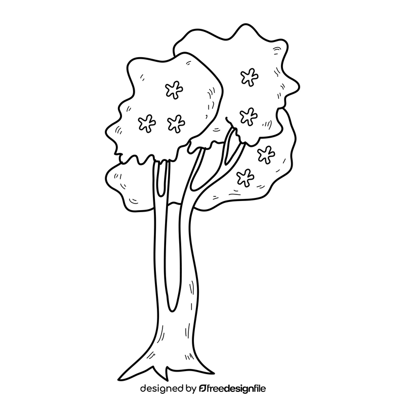 Green leaves spring tree with flowers black and white clipart