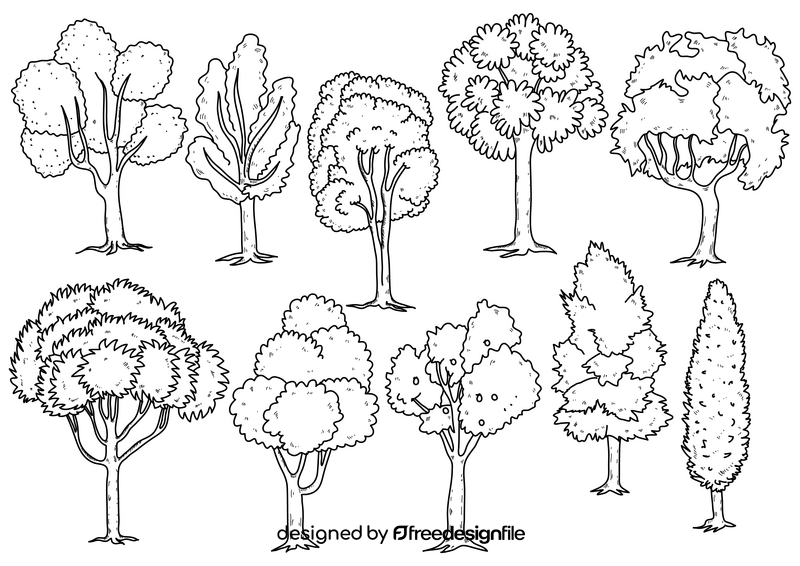 Summer green tree drawing set black and white vector