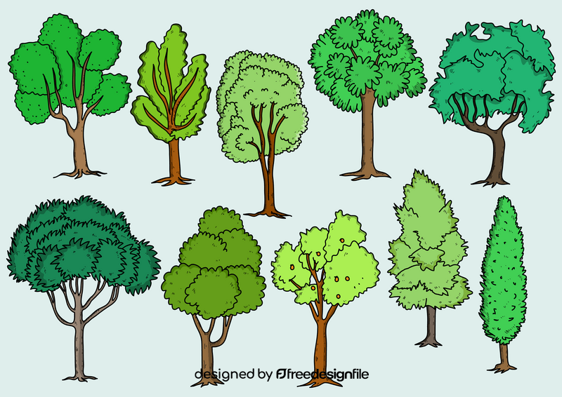 Summer green tree drawing set vector