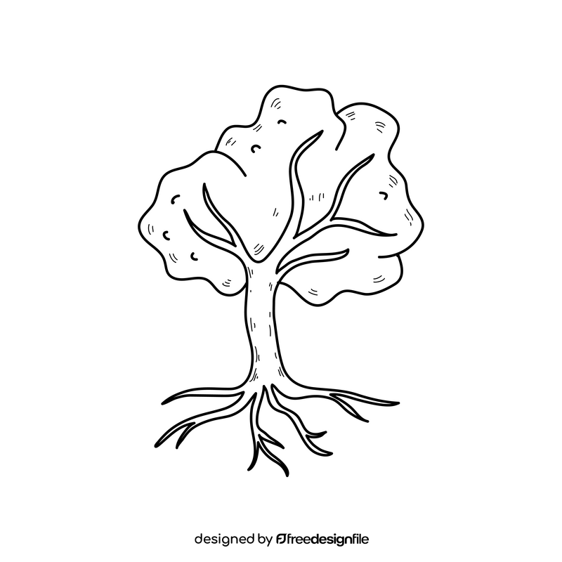 Tree with roots drawing black and white clipart