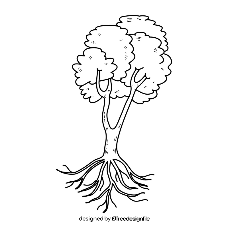 Tree with roots drawing black and white clipart