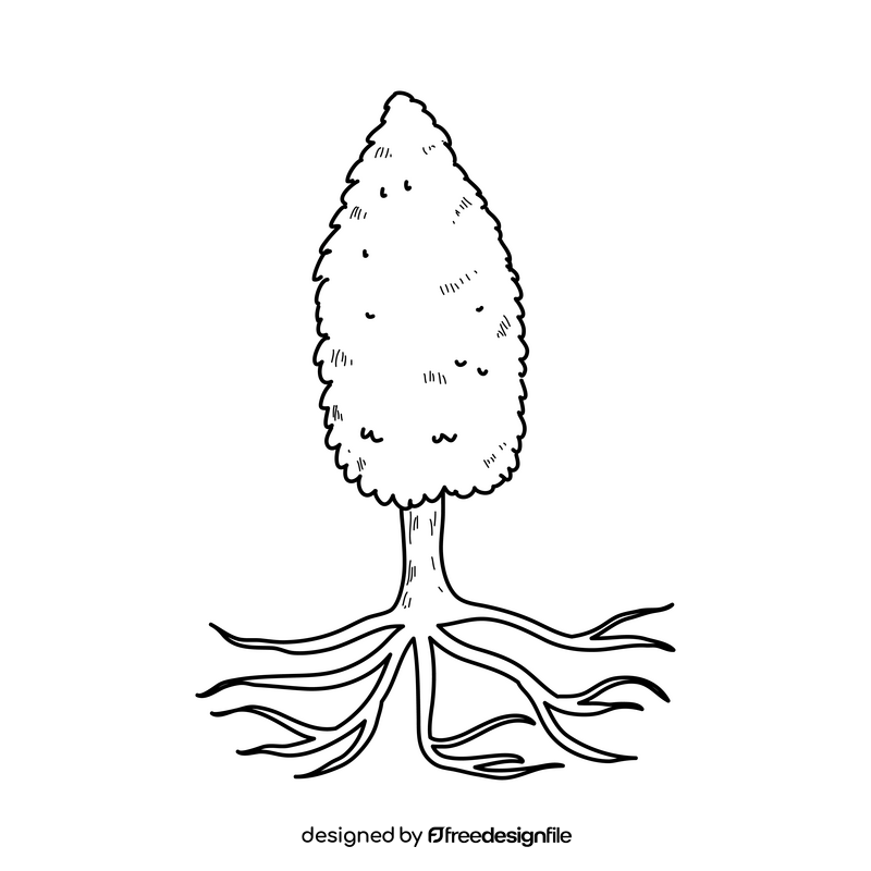 Small tree with roots drawing black and white clipart