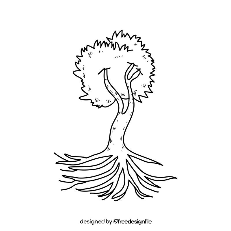 Green tree with roots drawing black and white clipart