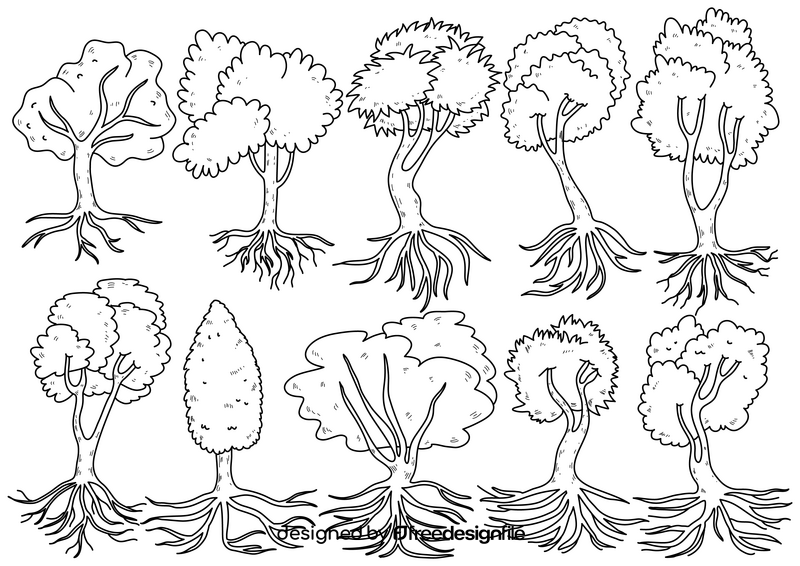 Tree with roots drawing set black and white vector