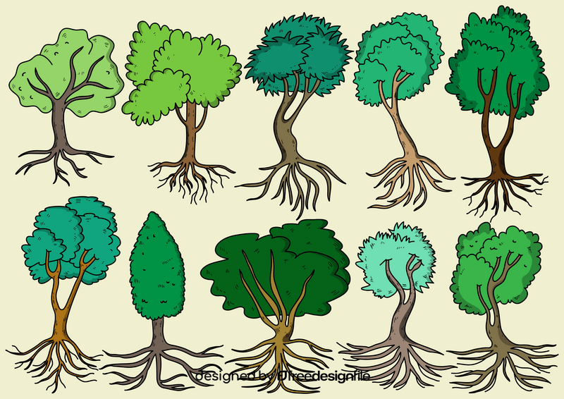 Tree with roots drawing set vector