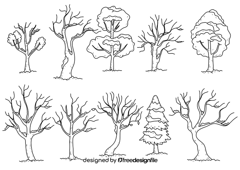 Winter tree drawing set black and white vector