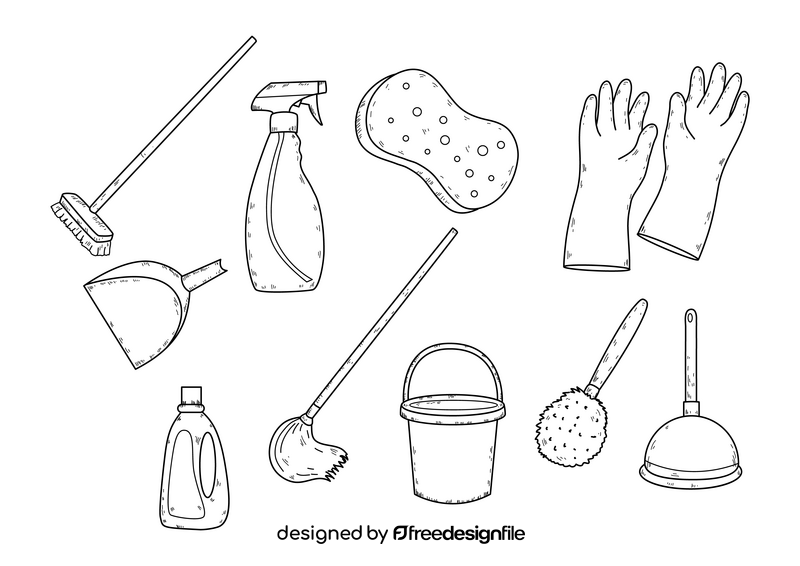 Cleaning tools set drawing black and white vector