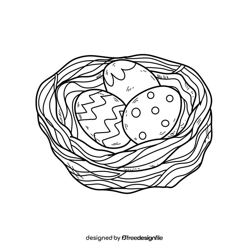 Beautiful easter eggs in bird nest drawing black and white clipart
