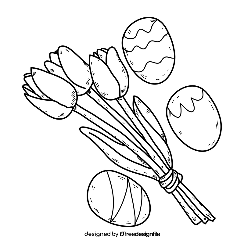 Easter eggs and flowers drawing black and white clipart