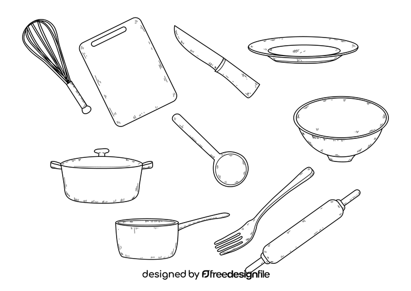 Kitchen utensils drawing black and white vector
