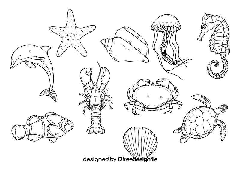 Sea animals drawing black and white vector