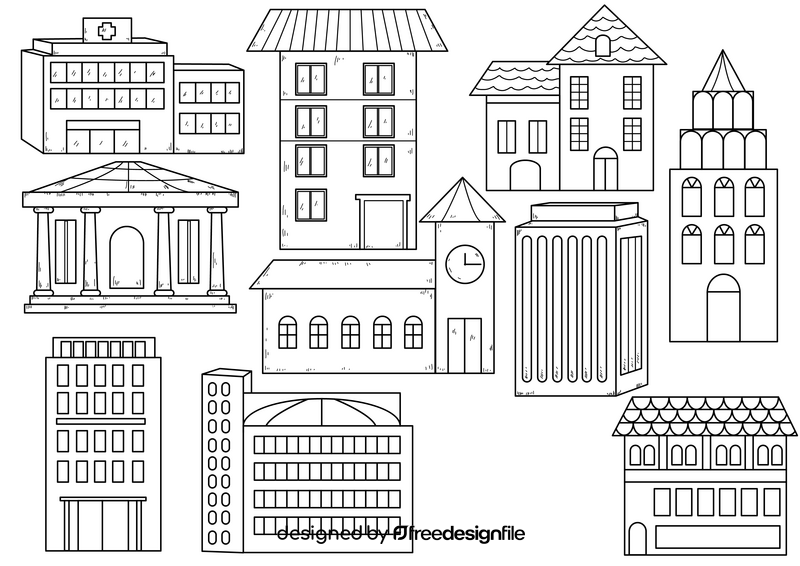 Buildings drawing set black and white vector