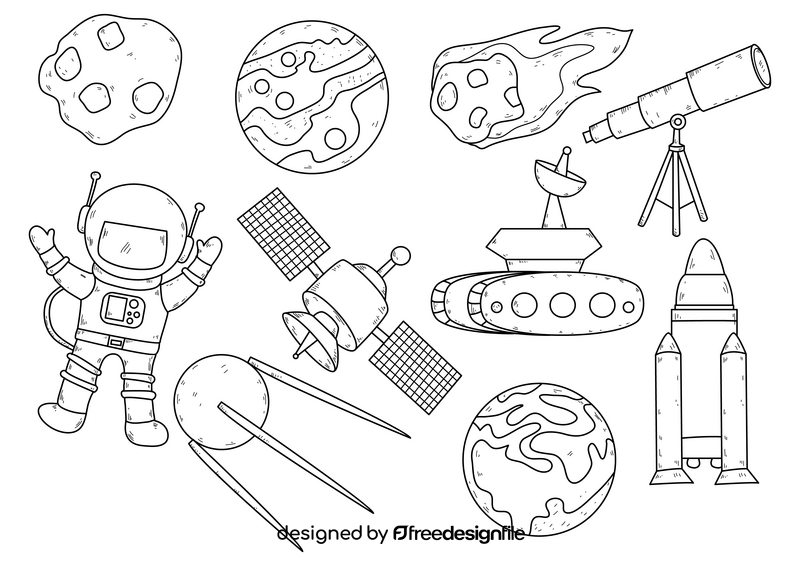 Space objects drawing set black and white vector