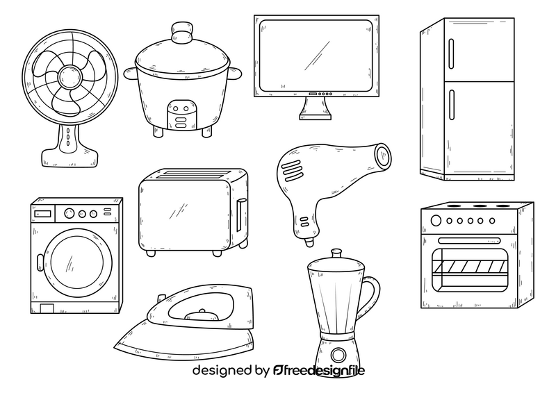 Home appliances drawing set black and white vector
