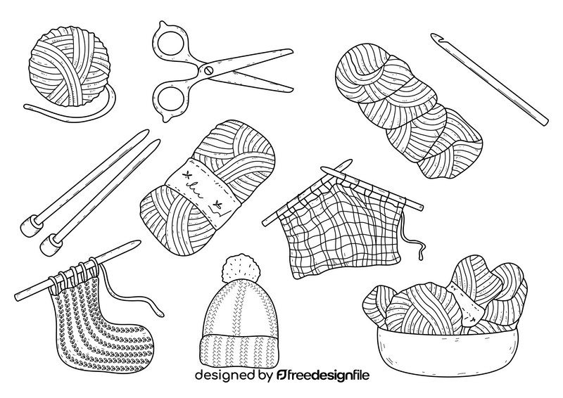 Set of knitting tools drawing black and white vector