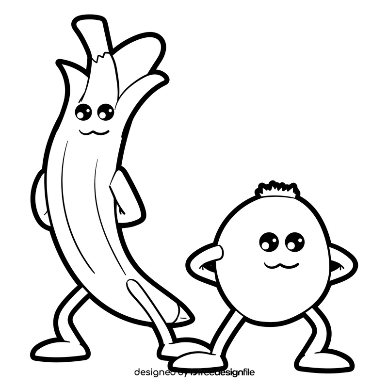 Fruits banana and orange cartoon black and white clipart