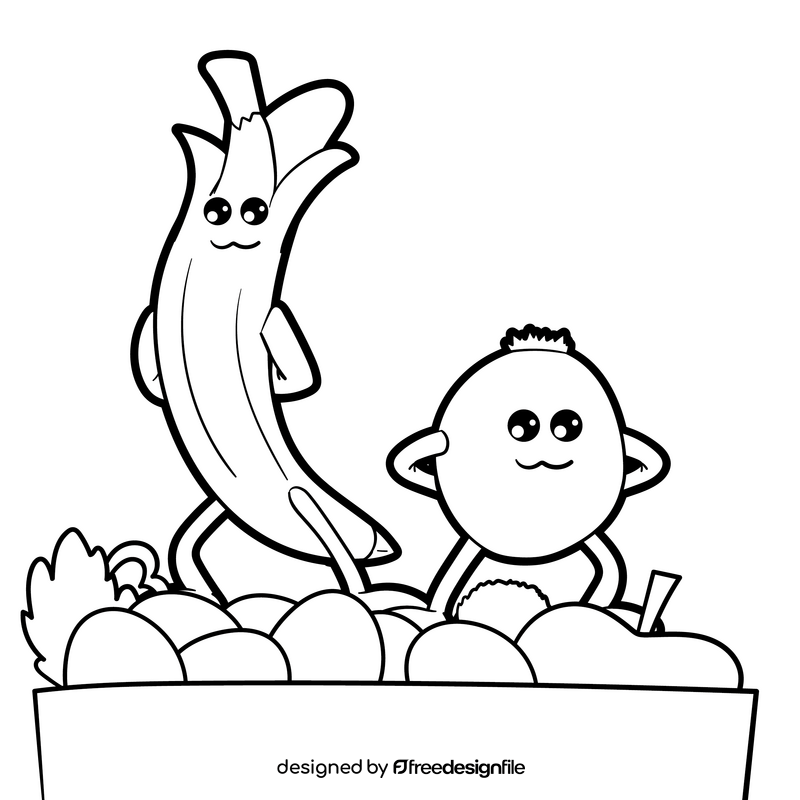 Fruits banana and orange cartoon drawing black and white vector