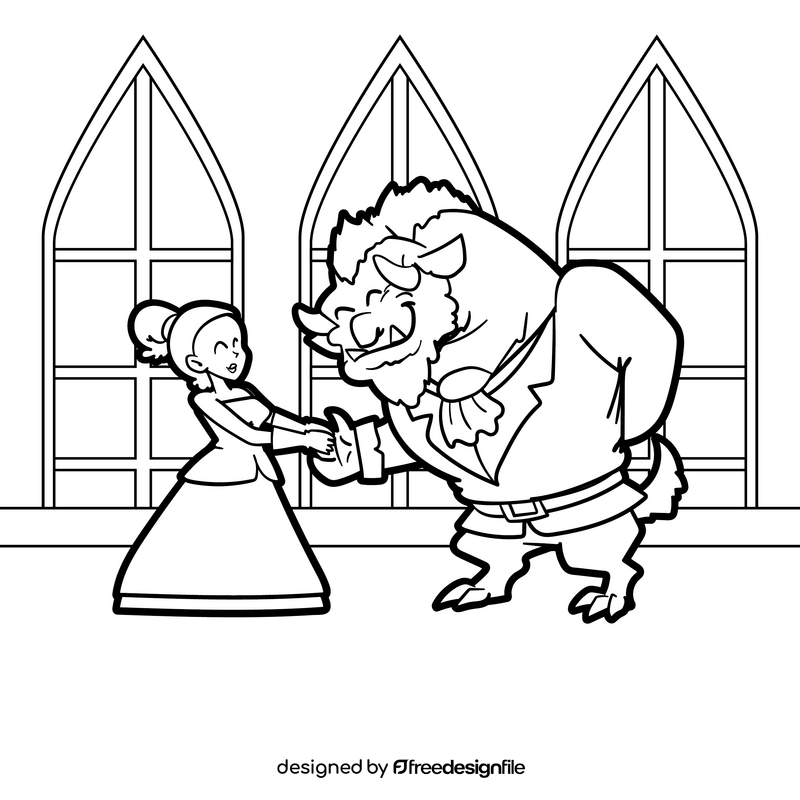 Beauty and the Beast cartoon drawing black and white vector