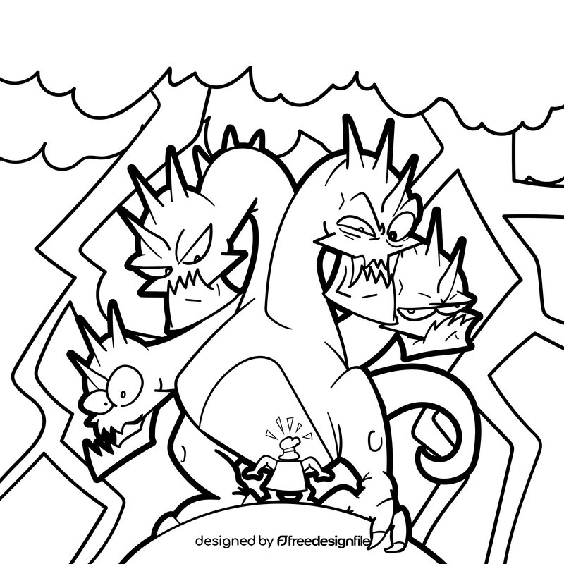 Hercules and hydra dragon cartoon drawing black and white vector