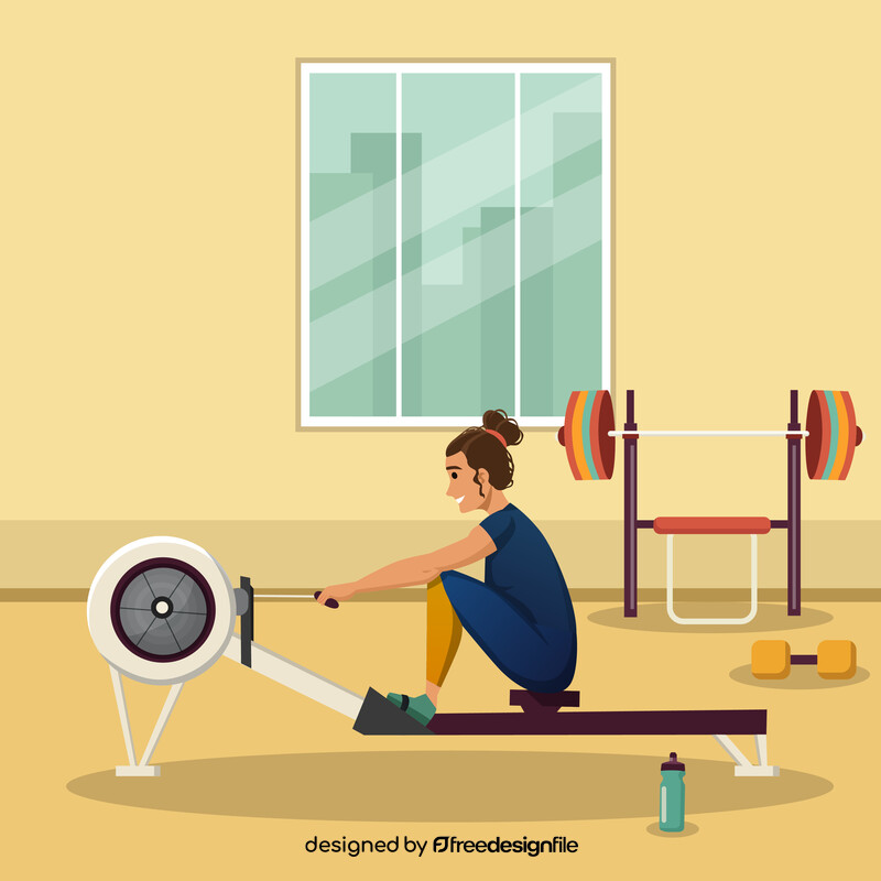 Gym woman rowing machine vector