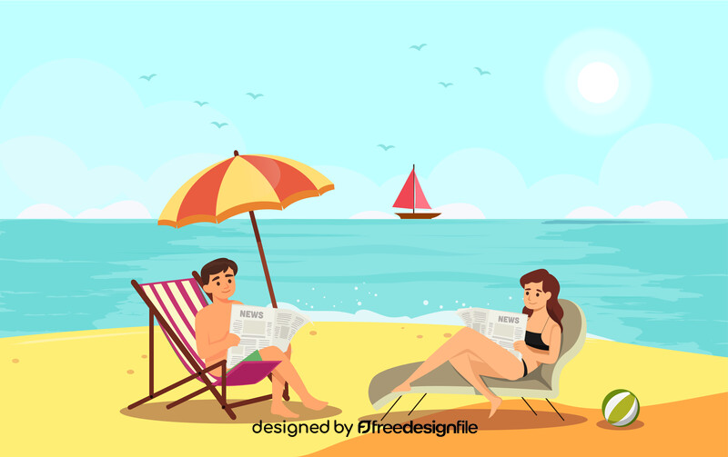 Couple reading newspaper in a beach vector