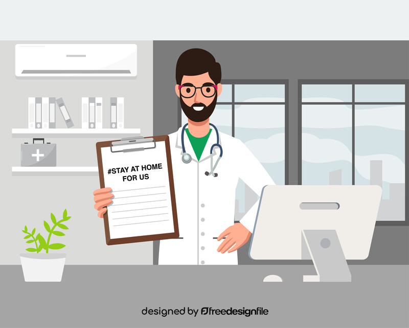 Doctor man with sign stay at home illustration vector