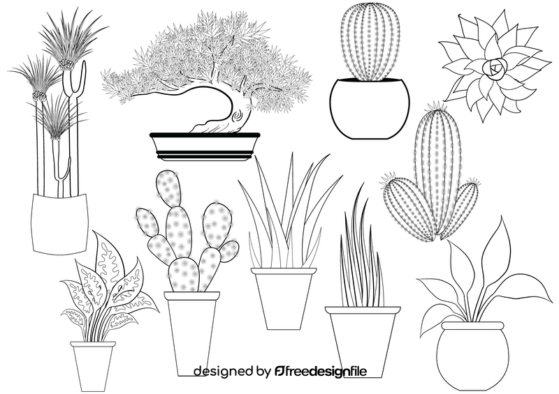 Potted plant set black and white vector