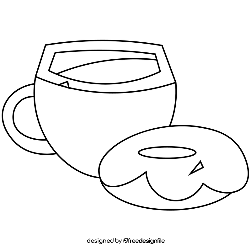 Donut with cup of tea black and white clipart