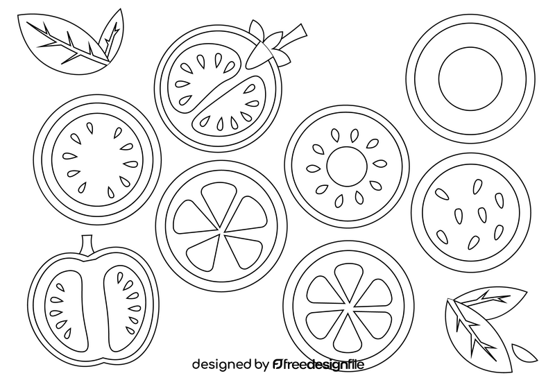 Sticker fruits and vegetables halves, fruits slices, vegetables slices set black and white vector